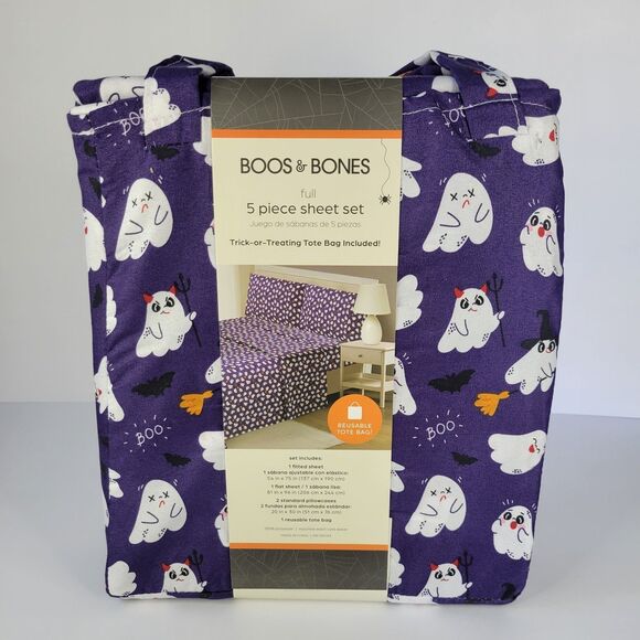 Halloween Purple White Cheeky Ghosts Boos Bones FULL 5pc Sheets Set Boys Bedding - Picture 2 of 11